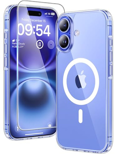 TAURI för iPhone 16 Plus Skal 6.7-Tum med Härdat Glas Skärmskydd, Kompatibelt med MagSafe, Militär kvalitet, [Icke-Gulning] Magnetisk Mobilskal Case - Klar | med skärmskydd, icke-gulnande skydd i militärkvalitet, stöttåligt smalt magnetiskt fodral för iPhone 16 Plus