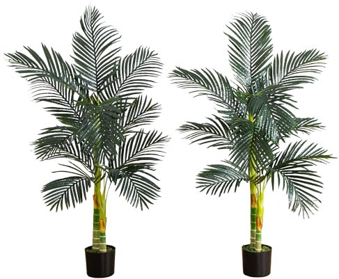 Nearly Natural 5-FT Artificial Golden Cane Palm Tree, Set of 2 Fake Palm Trees with Two Realistic Trunks and 12 Lifelike Palm Fronds, Faux Palm Plants for Indoor Home Décor with Black Nursery Planter