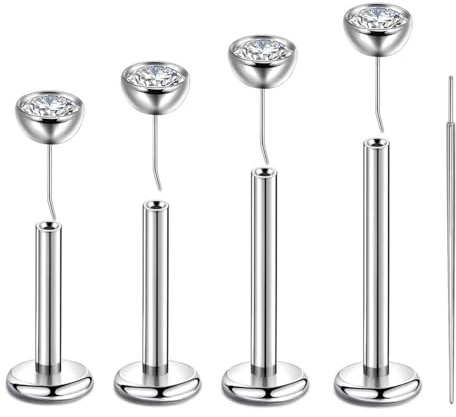 4 Stück Labret Piercing Set 16g (1.2mm) – G23 Titan Pin mit 3mm Zirkonia – 6mm, 8mm, 10mm, 12mm Stablängen für Helix, Cartilage, Monroe, Lippenpiercing – Push-In ohne Gewinde, inkl. Einführhilfe