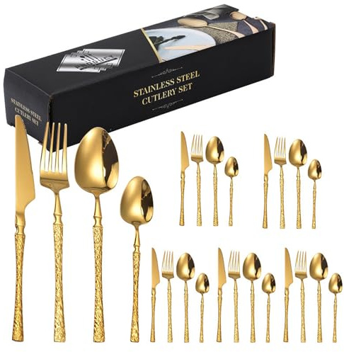 lesulety Menagere 24 Pieces Couverts De Table Fourchettes De Table Lot de Couvert De Table Couvert INOX Set Couverts De Table Cutlery Set Couverts De Table Doré,d'or,6 Sets