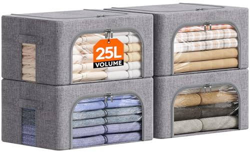 Lifewit Aufbewahrungsbox 25L, Kleidung Aufbewahrung, 4er Set, Hellgrau | Faltbare Kleideraufbewahrung mit Metallrahmen, Stoffbox mit Griffen & Fenster, Aufbewahrung Kleiderschrank mit Deckel