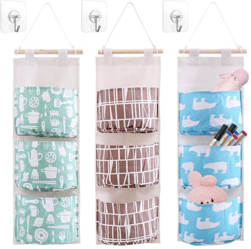 3 PCS Wall Hanging Storage Bag with 3 Pockets, Waterproof Linen Fabric Wall-mounted Storage Organizer with 3 Self Adhesive Hooks, Over the Door Closet Storage Hanging Pocket (Blue+Green+Brown)