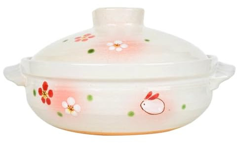 Casserole Dish With Lid Japanese Style Painted Cherry Blossom Rabbit Pattern Earthen Pot, Kitchen Insulated Soup Pot, Nutritious Beef Stew Pot, Gift(1.5L)
