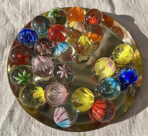 FAIRY TAIL & GLITZER FEE 24 Große Glaskugeln Handgemacht 18mm Bunt Rot Grün Blau Gelb Blumenmuster Murmeln Groß Murmel Kugelbahn