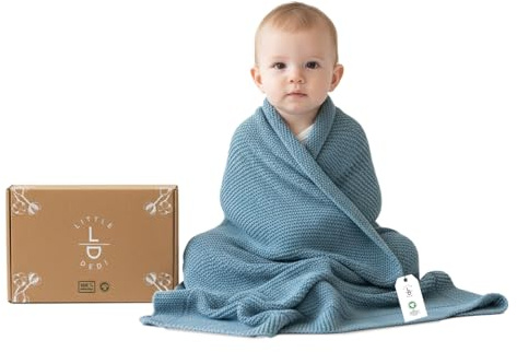 Little Dedi Weiche Babydecke Strick aus 100% Bio-Baumwolle GOTS Zertifizert, 80x100 cm. Rauchblau- Erstausstattung für Neugeborene, in Geschenkbox für Neugeborene Babys