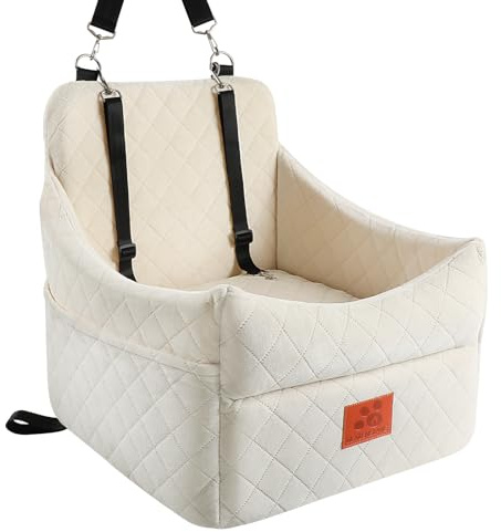 GL GLENSLAVE Dog Car Seat for Small/Medium Dogs, Dog Booster Car Seats with Thick Cushion for Dogs Under 35lbs, Detachable Washable Pet Carseat with Storage Pockets, 2 Safety Belts(Beige)