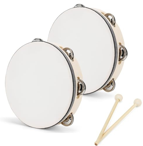 2PCS Tambourine, 15CM Wooden Tambourine Handheld Tamborine with 2 Percussion Stick Hand Drum with Jingle Bells Musical Instruments for Performance Rhythm Learning