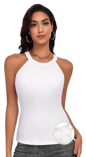 WOWENY Damen Unterhemd BH-Hemd Sexy Basic U-Ausschnitt Eingebauter BH Bügelloser Criss-Cross Back Gepolstert Tank Tops,Weiß,L