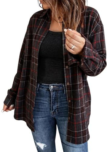 Fisoew - Camisas de mujer de manga larga a cuadros, camisas de franela, con botones, chaquetas, camisas de manga larga casuales, gris, L