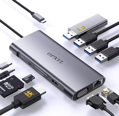 OPXYL Hub USB C Ethernet, concentrador 4K USB-C a HDMI, adaptador USB C multipuerto 11 en 1, compatible con MacBook Pro, portátil, Air, iPad, estación de acoplamiento USB