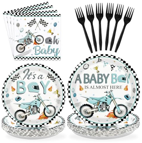 96Pcs Motorcycle Birthday Party Decorations Dirt Bike Motocross Plates and Napkins Tableware Set Watercolor Motorbike Decorations Favors for Boys Kids Baby Shower Birthday Party Supplies Serves 24