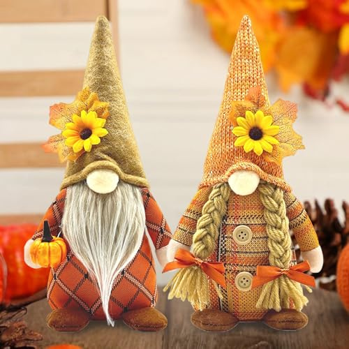 Herbstdeko Wichtel, 2 Stück Herbst Dekoration Wichtel Figuren, Herbst Deko Wichtel Puppen mit Sonnenblume, Herbstdeko Innen Wichtel Figuren Handgefertigt für Thanksgiving und Herbst Dekoration (B)