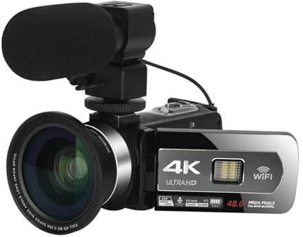 YVAAASIYC Caméra vidéo 4K, caméscope numérique 48 MP, Vision Nocturne, Wi-FI, Webcam for la Photographie, Zoom 18x.(Lens mic)