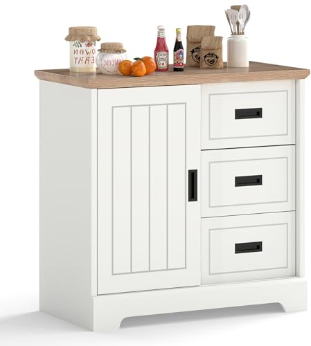 COSTWAY Sideboard Storage Cabinet, Kitchen Buffet Cabinet with Sliding Doors, 3 Drawers & Adjustable Shelf, Coffee Bar Station Display Cupboard Organiser for Dining Room Living Room Hallway (White)