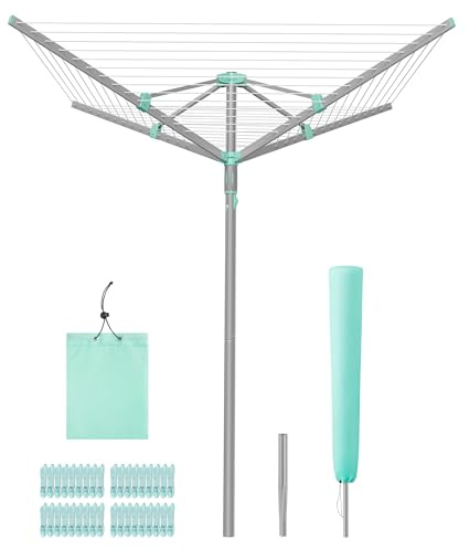 SONGMICS Umbrella Clothesline, Rotary Washing Line, Foldable Heavy-Duty Outdoor Clothes Drying Rack with Clips, Cover, Ground Anchor, 164 ft (50 m) Long for 5 Loads of Laundry, Silver ULLR307EZ01