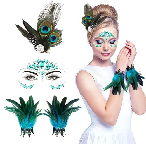 HUKUMA Pfau Kostüm Damen, Pfau Kopfschmuck + Feder Manschetten Blau + Glitzersteine Gesicht, Retro 20er Jahre Accessoires für Karneval Fasching Halloween Mottoparty Cosplay