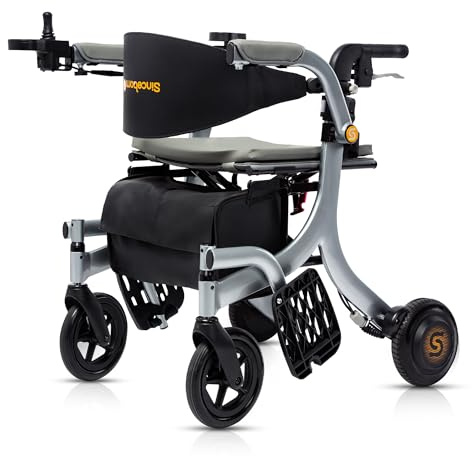 Sinceborn 4 in 1 Electric rollator - Versatile Mobility Aid with Seat, Lightweight Foldable Transport Wheelchair & Drive Walker for Seniors, Aluminum Alloy Hertz Silver (ER-X3+ Batttery*2)