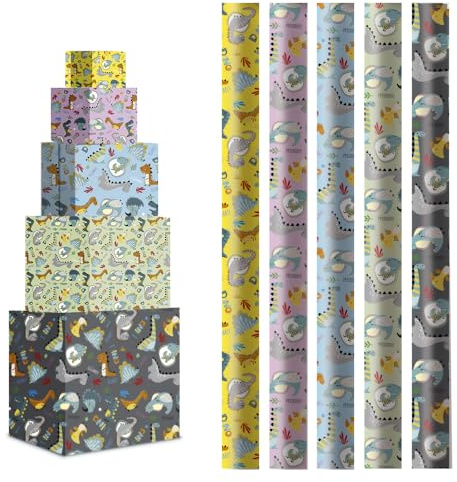 H HANSEL HOME Pack 5 Rollos Papel de Regalo Infantil 70x200cm – Diseño de Dinosaurios, Colores Surtidos – Papel Grande y Resistente para Envolver Regalos de Cumpleaños, Fiestas y Navidad