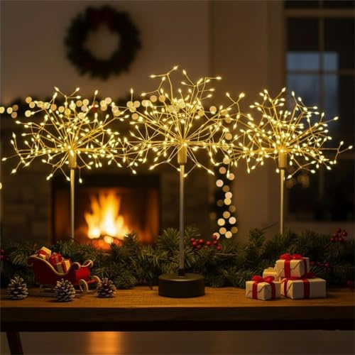 Table Lights Fireworks, Mini Table Starburst Lights LED, Led Christmas Starburst Firework Lamp, Operated Dandelion Tables Light for Home, Party & Christmas Décor (Warm Light, 3Pcs)