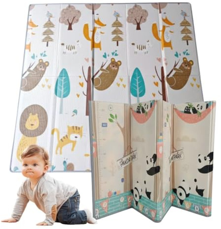 BATHBY Alfombra de Bebé, Plegable, Extra Grande 200 x 180 cm, Impermeable, Acolchada 1 cm, Reversible, Diseño Educativo con Números y Abecedario, para Gatear y Jugar (Bosque/Pandas)