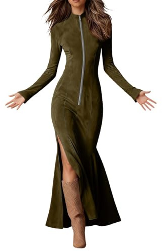 Vhersily 2026 Robe de Soirée Femme Élégante Automne en Double Laine avec Pli à la Taille Décoration Fermeture à Glissière et Coupe Modélisante Sexy avec Col Haut Manches Longues et Fente Latérale pour
