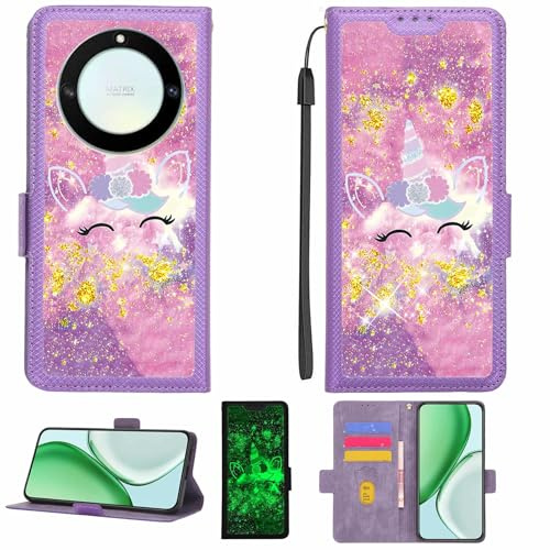 Kinetijy Coque Compatible pour Honor X40 Coque Étui Housse Case Support [avec Film Protecteur HD d'une dureté de 9H] [Blocage RFID][Paillettes dorées + Brillantes] LPT-DJS