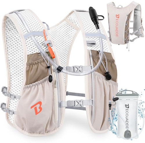 BECOJADDE Leichter 5 Liter Laufrucksack mit 1.5 Liter Trinksystem für Damen und Herren, Ideal für Marathon, Trailrunning, Radfahren, Wandern und Joggen, Beige