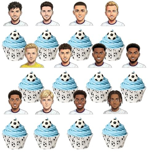World Football Cup Party Cake Toppers, 12Pcs England Footballer Face Cupcake Toppers, Cocktail Stick Fruits Food Toothpick Flag for England World Football Cup Party Decorations Accessories