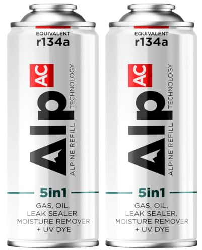 AlpAC 5-en-1 Recharge Climatisation Voiture R134a – Gaz Substitut avec Lubrifiant Compresseur, Anti-Fuite et Traceur UV – Kit Complet Entretien Clim Auto – Solution Économique DIY