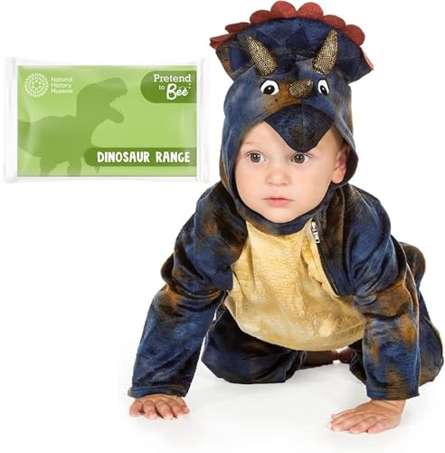 PRETEND TO BEE Baby Triceratops dinosaurie maskeraddräkt för barn/småbarn, officiellt naturhistoriskt museum, onesie, 18-24 månader, blå