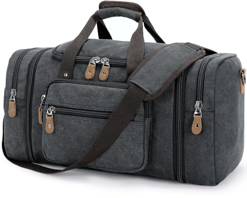 Gonex Canvas Reisetasche 60L Erweiterbar, Weekender Handgepäck | Viele Fächer, Abnehmbarer Schultergurt, Doppelter Reißverschluss, Metallverschluss, Kurztrips, Herren & Damen, Dunkelgrau