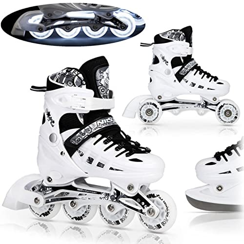NILS 4 in 1 Set Pattini in Linea Triskates Pattini a rotelle Twinkle Bianco ABEC7 LED Ruote Luminose Gr. 39-42 Regolabile, 39-42