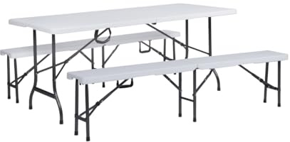 HATTORO Buffettisch Buffetbank Campingmöbel Bierzeltgarnitur 180 cm (Weiß, Set 2X Bank, 1x Tisch)