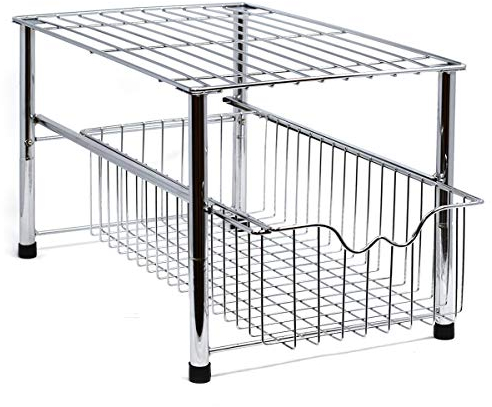 Joeji's Under Sink Storage Basket Rack - Retractable Sliding Drawer - Bathroom or Kitchen Cupboard Organiser - Multipurpose Storage - Space Saver - Chrome