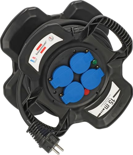 Brennenstuhl Avvolgicavo elettrico compatto X-GUM 4 prese elettriche con valvole e spia di presenza di tensione LED (15 m H07RN-F 3G1,5, uso esterno, prodotto in Francia)