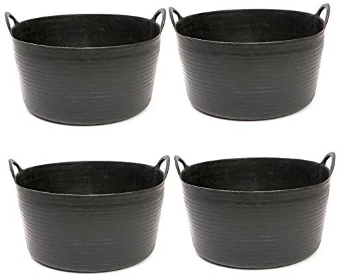 Pack de 4 capazos de plástico Flexible, de Color Negro , de 43 x 21,5 cm con Capacidad de 30 litros, con Asas, Cubo de plástico, Negro