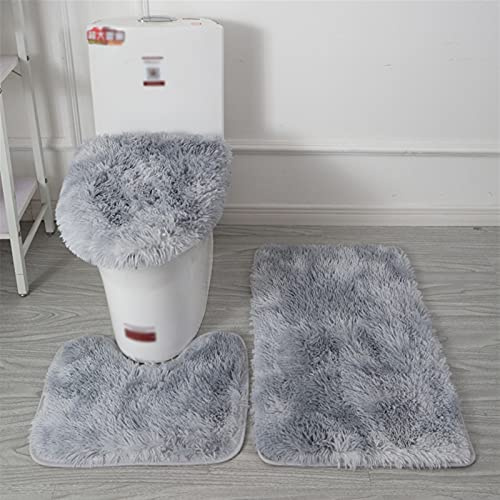 Lifup Tappeti Bagno Antiscivolo 3 Pezzi, Tappetino Rettangolo a Pelo Lungo Morbida Soffici, Tappetino per WC, Copertura per WC Coperchio Peloso tie dyed grigio 1