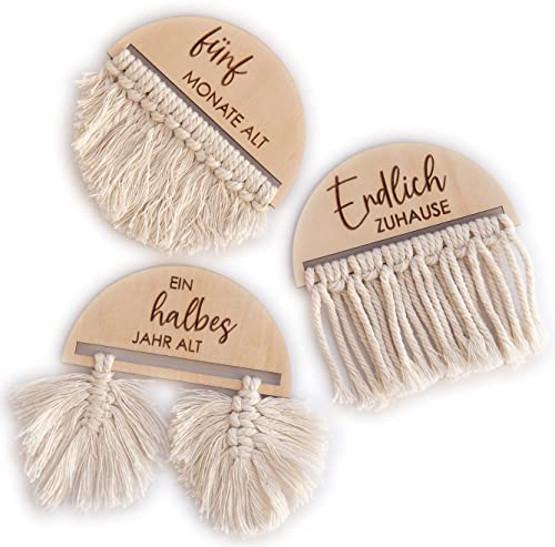 DIY Makramee Meilensteinkarten Baby Holz auf deutsch, Perfekte Babyshower/Babyparty Spiele zum knüpfen individueller Baby Meilenstein Karten, Geschenk zur Geburt, 20 Holz Meilensteine mit Makramee
