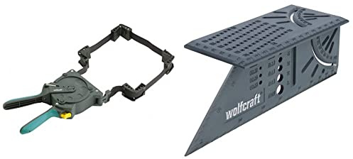 wolfcraft 3681000 Presse à Cadre à Sangle - Sangle de Serrage à Cliquet - Longueur 5 m - Puissance de Serrage max. 50 kg & 5208000 Équerre 3D d'onglet 150 x 275 x 66 mm - Traçage angle de 45° à 90°