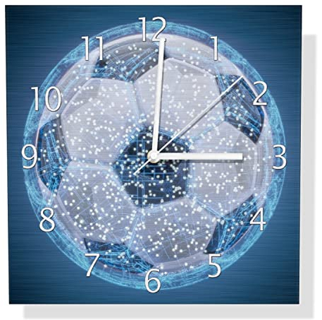 Wallario Design Wanduhr Fußball digital - Netzwerk in blau aus Aluverbund, Alu-Uhr Größe 30 x 30 cm, weiße Zeiger mit Metalloptik