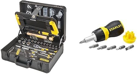STANLEY Valise de Maintenance - 142 Pièces - Pinces et coupe-touts, clé à molette, niveau, mesure & Tournevis Porte-Embouts a cliquet bimatiere + 6 Embouts - réservoir de stockage dans le manche
