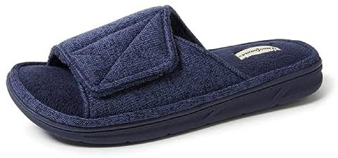 Dearfoams Pantoufles Cooper matelassées en tissu éponge pour homme, Bleu marine (tricot chiné), Large