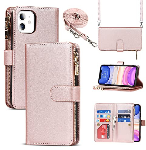 CAVOR Handykette Handyhülle kompatibel mit iPhone 11 Hülle Mit Band,Flip Leder Geldbörse Hülle Mit Kette,[9 Kartenfach][Doppelte Schnalle],Umhängeband Klapphülle Handytasche - Roségold