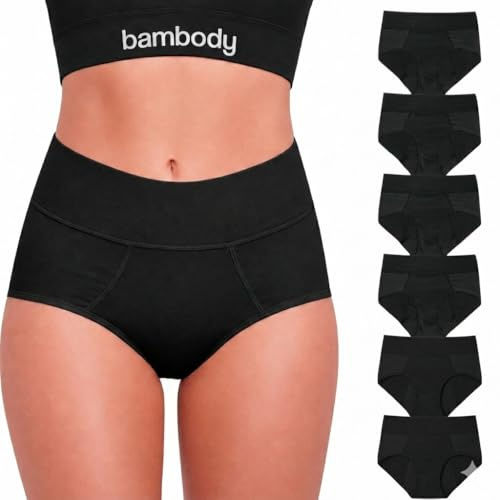 Bambody Periodenunterwäsche für Damen, Perioden Unterwäsche für Teenager-Mädchen – Auslaufsicher, Saugfähig, Bequem, Atmungsaktiv (6er-Pack, Schwarz)