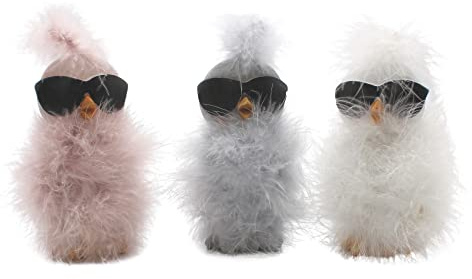 Dekohelden24 Küken mit Sonnenbrille, Feder Dekor aus Polyresin im 3er Set, Farben: weiß, rosa, grau, Größe L/B/H ca. 3 x 5 x 12 cm