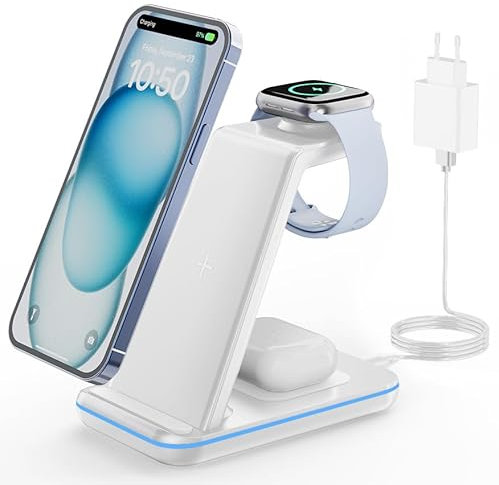 GEEKERA Station de Charge pour Apple, Chargeur Induction 3 en 1 pour iPhone Air/17/16/15/14/13/12/11/XS/8, Support Chargeur pour Apple Watch Ultra/11-2/SE, Chargeur sans Fil pour AirPods Pro-2, Blanc