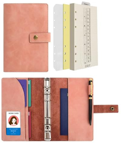 Wonderpool Leder Nachfüllbares Notizbuch Ringbuch A5 Tagebuch - Gepunktetes Papier & Echtleder Innentaschen für Reisearbeit und Organizer (Rosa, A6)