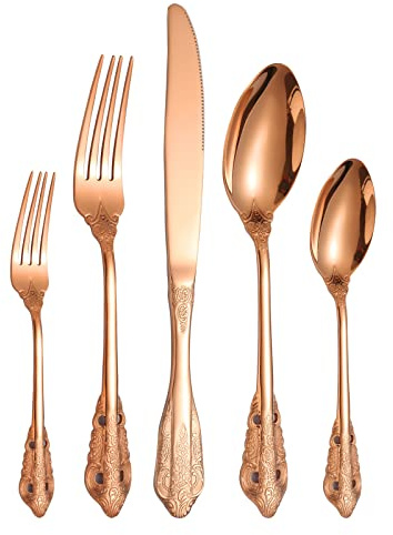 A · HOUSEWARE Royal Silverware Set for 8 Copper/Rose Gold Stainless Steel Flatware Retro Cutlery Vintage Eating Utensils Carved Design for Home Kitchen Restaurant Parties