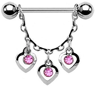 Taffstyle Piercing Schmuck Brustwarzenpiercing Brustwarze Intimpiercing Brust Nippel Intim Ohr Barbell gerade Hantel Schild Herz Ketten Anhänger Glitzer Kristall Flach Silber Pink