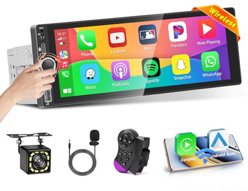 Inefala 1 DIN bilradio med 6,9 tums skärm och Apple CarPlay och Android Auto trådlös, 1 DIN bil multimedia display med spegellänk FM USB Type-C mikrofon bakre kamera